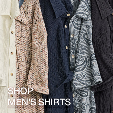 Close up image of 5 men's short-sleeve button down shirts with a call to action button.